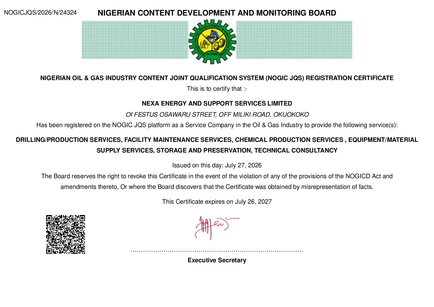 NCDMB NOGIC JQS Certificate
