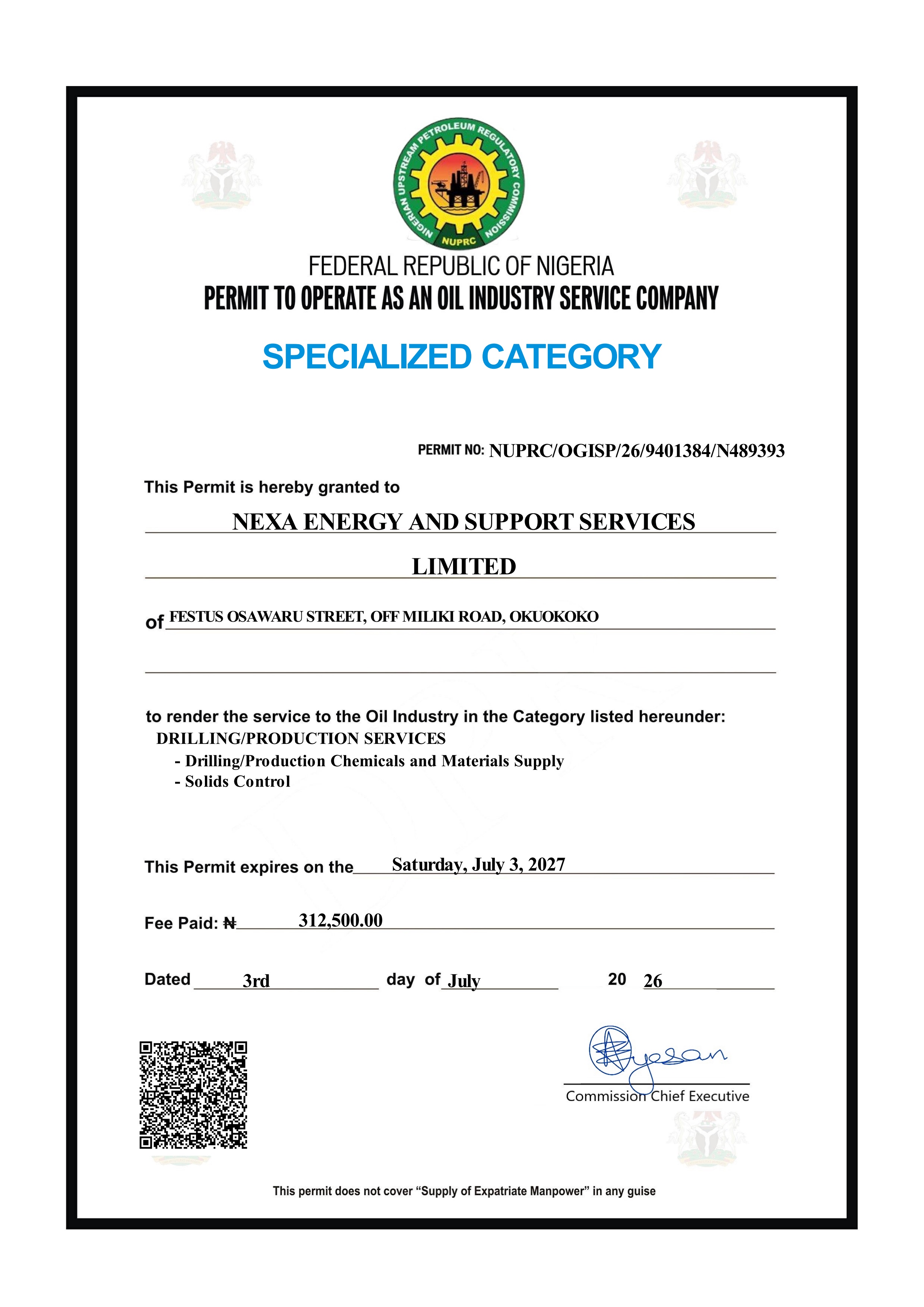 Chemical Supply & Solids Control Certificate