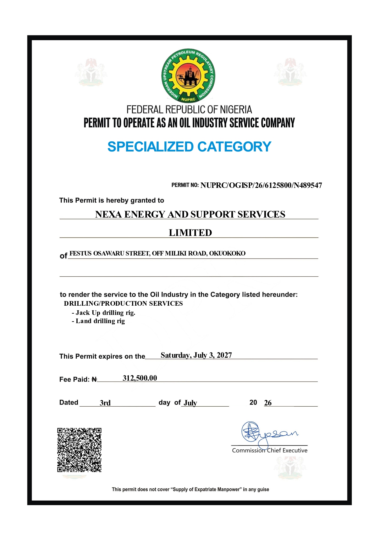 Drilling Rig Certificate