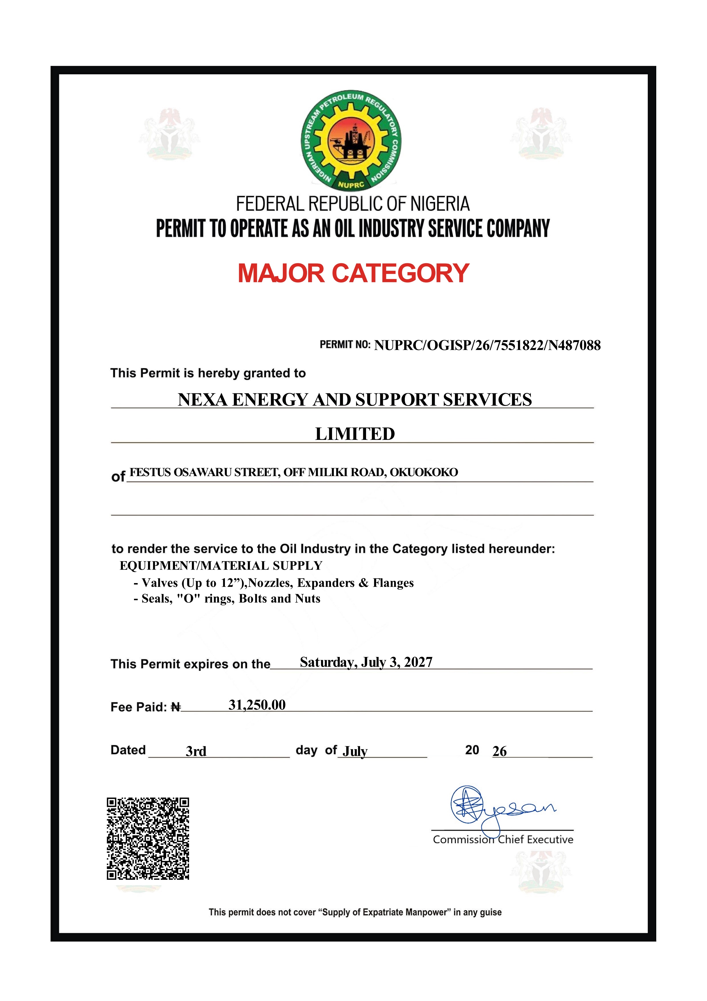 Equipment & Material Supply Certificate