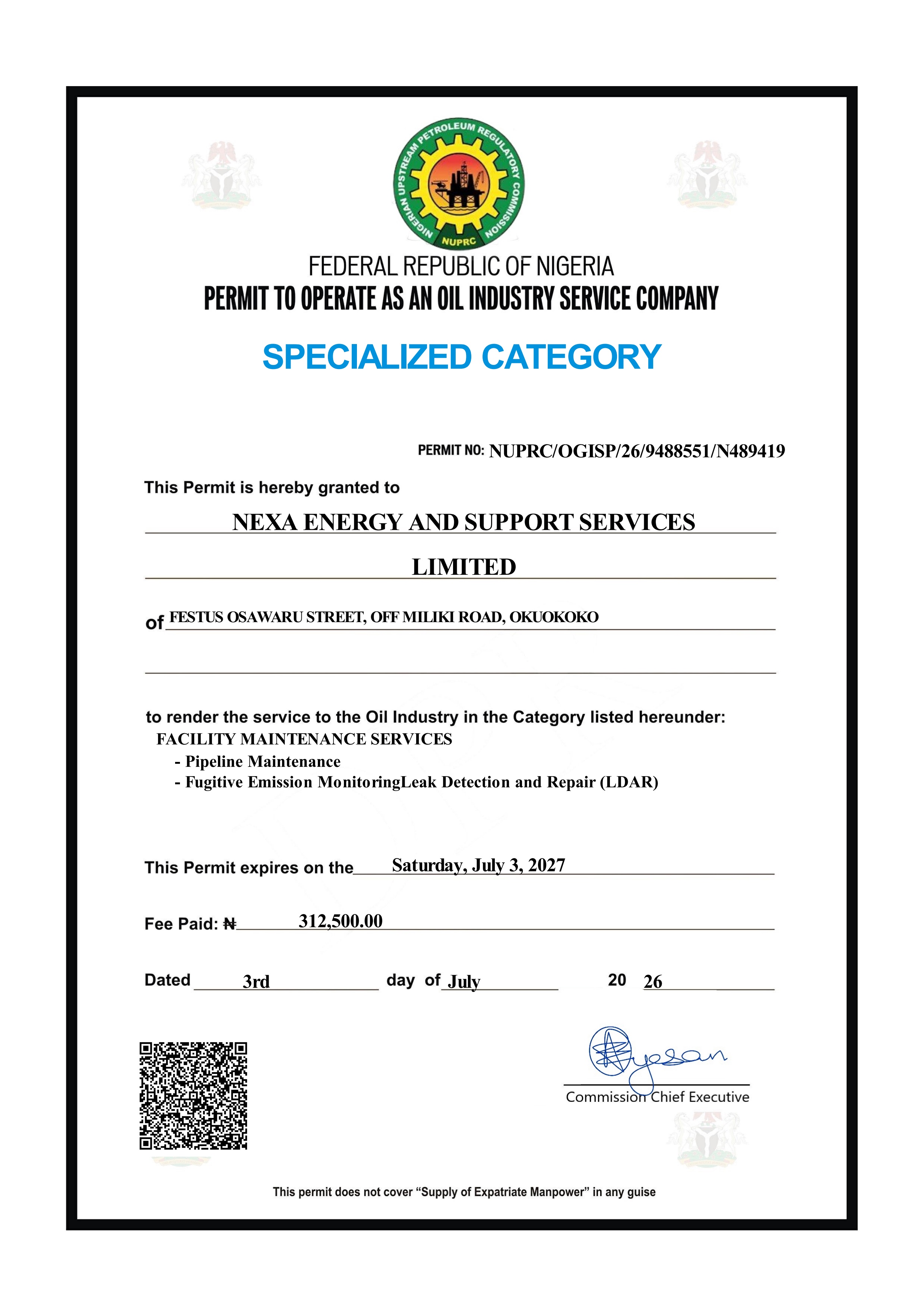 Facility Maintenance & LDAR Certificate